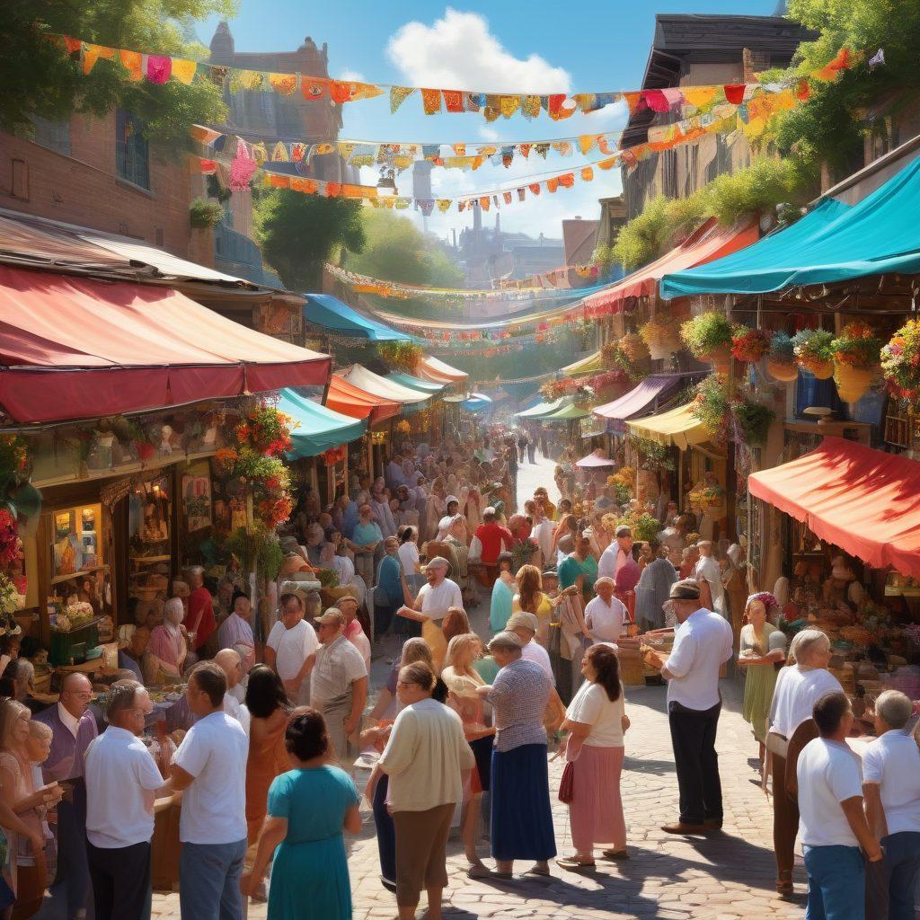 A lively community auction scene bustling with people of diverse backgrounds, each eagerly participating in a vibrant bidding process. Colorful banners and excitement fill the air, showcasing local treasures and goods. Infuse a sense of joy and camaraderie among attendees, with cheerful expressions and interaction. The background features a charming marketplace setting adorned with flowers and festive decorations. vibrant colors. super-realistic.