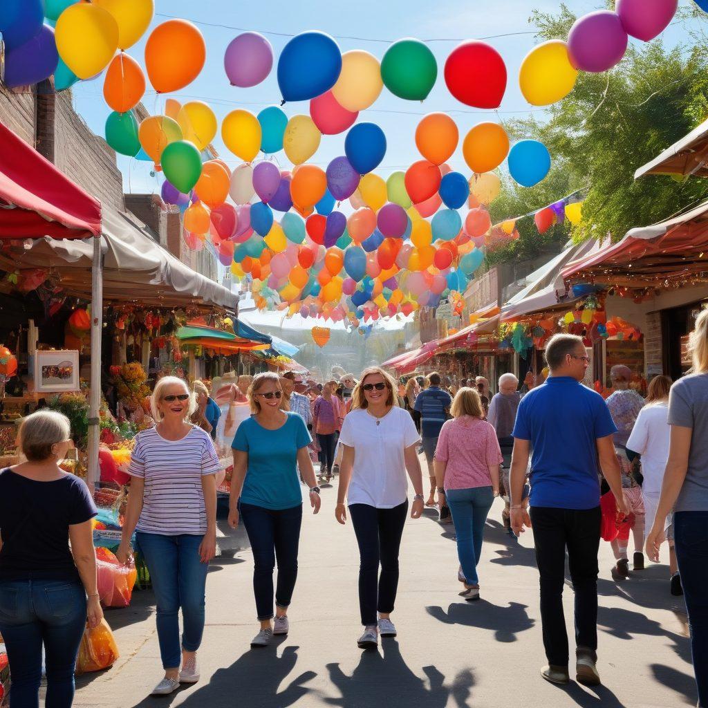 A vibrant community event showcasing people joyfully engaging in cheerful bidding activities, surrounded by colorful decorations and banners promoting local businesses. Smiling families and friends exchange bids with enthusiasm, while background stalls display local crafts and treats. The scene is filled with balloons, sunshine, and a sense of togetherness, embodying the spirit of local happiness. vibrant colors. super-realistic. bustling atmosphere.